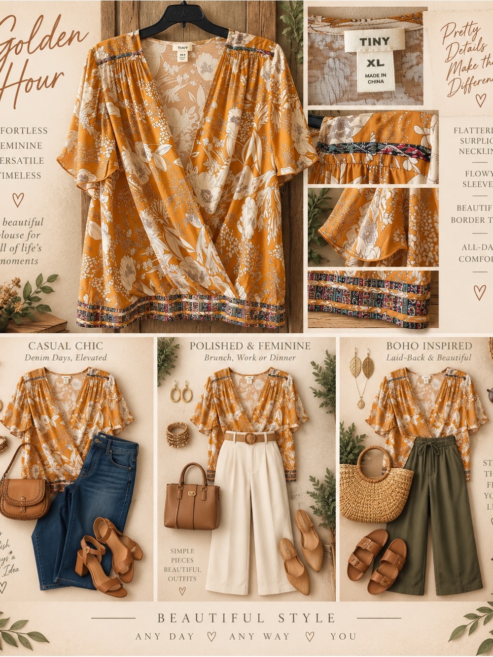 Tiny Golden Floral Wrap Blouse - Mustard Floral